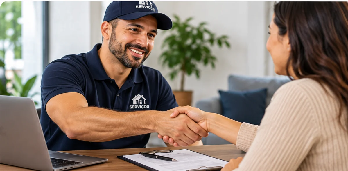 Profissional de serviços cumprimentando uma cliente após fechar negócio